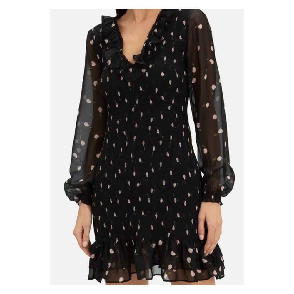 Intermix Elara 100% Silk Black Floral Smocked Mini Dress Size 2